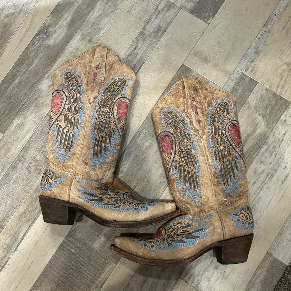 Corral Women's Tan and Blue Winged Cowboy Boots